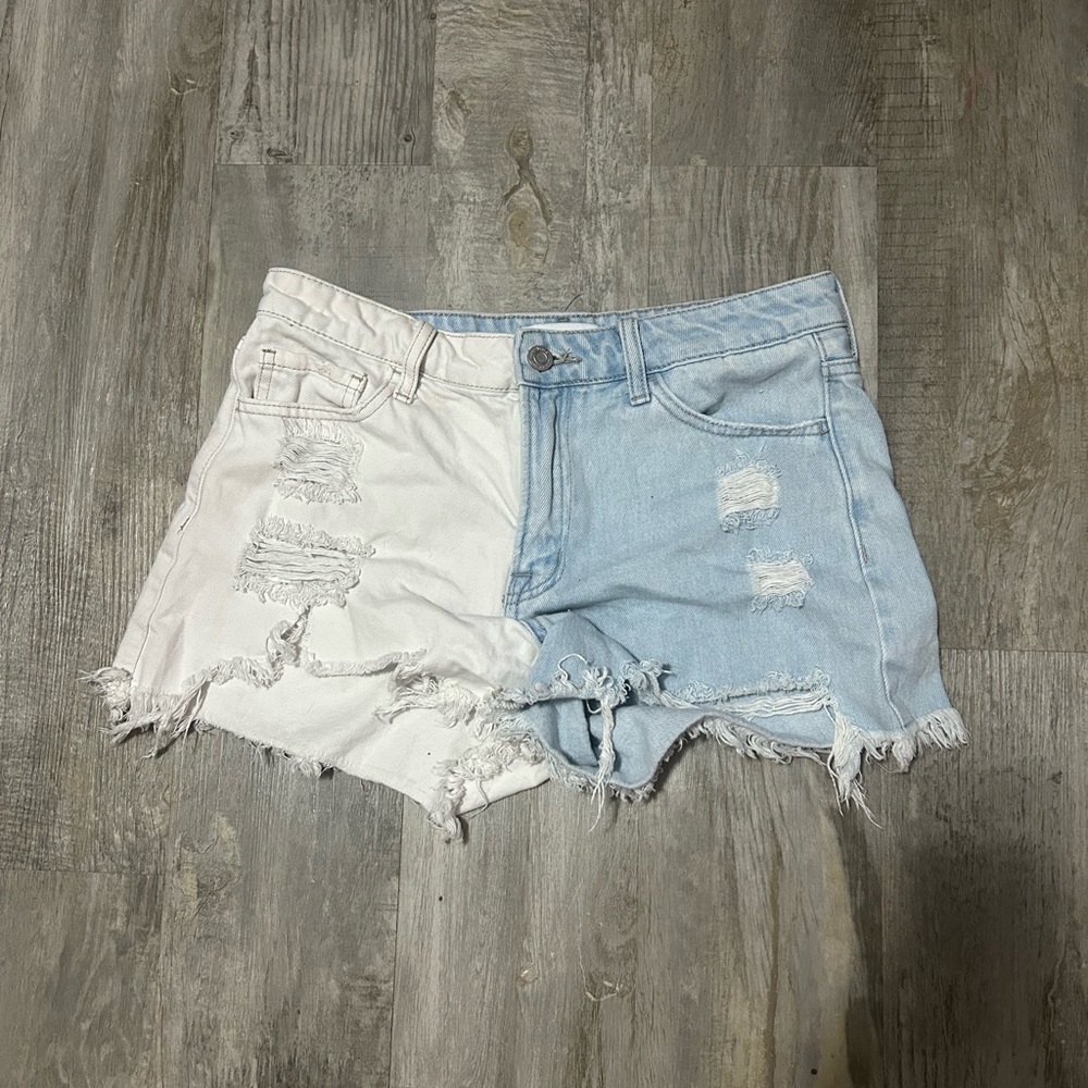 Two-Tone Distressed Denim Shorts